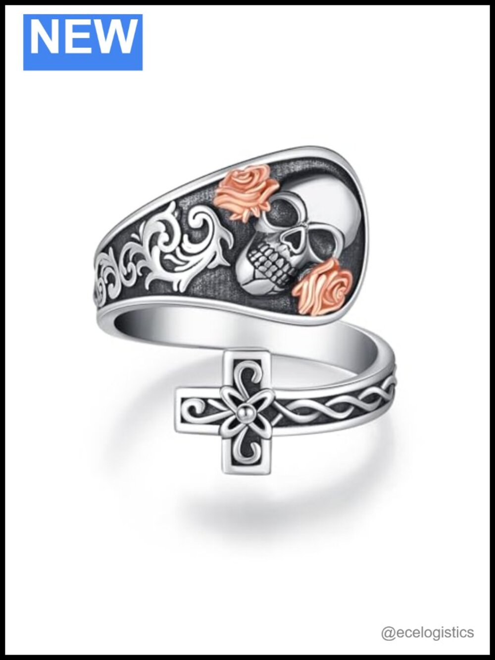925 Sterling Silver Gothic Skull Celtic Cross Spoon Ring Adjustable